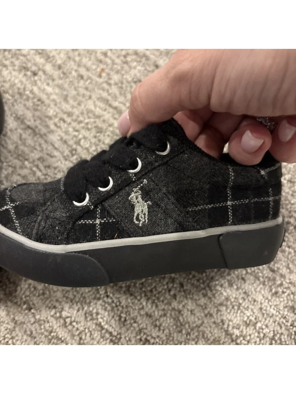 Polo Ralph Lauren Toddler Boys Black Gray Plaid Flannel Sneakers Size 7